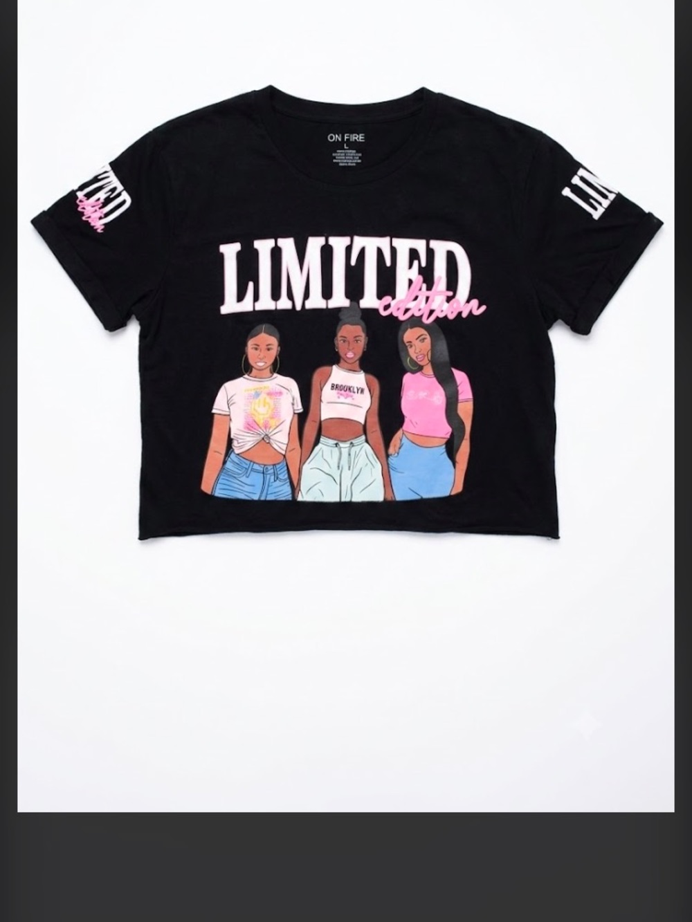 On Fire Black Crop Tee with Pink & Blue Graphic